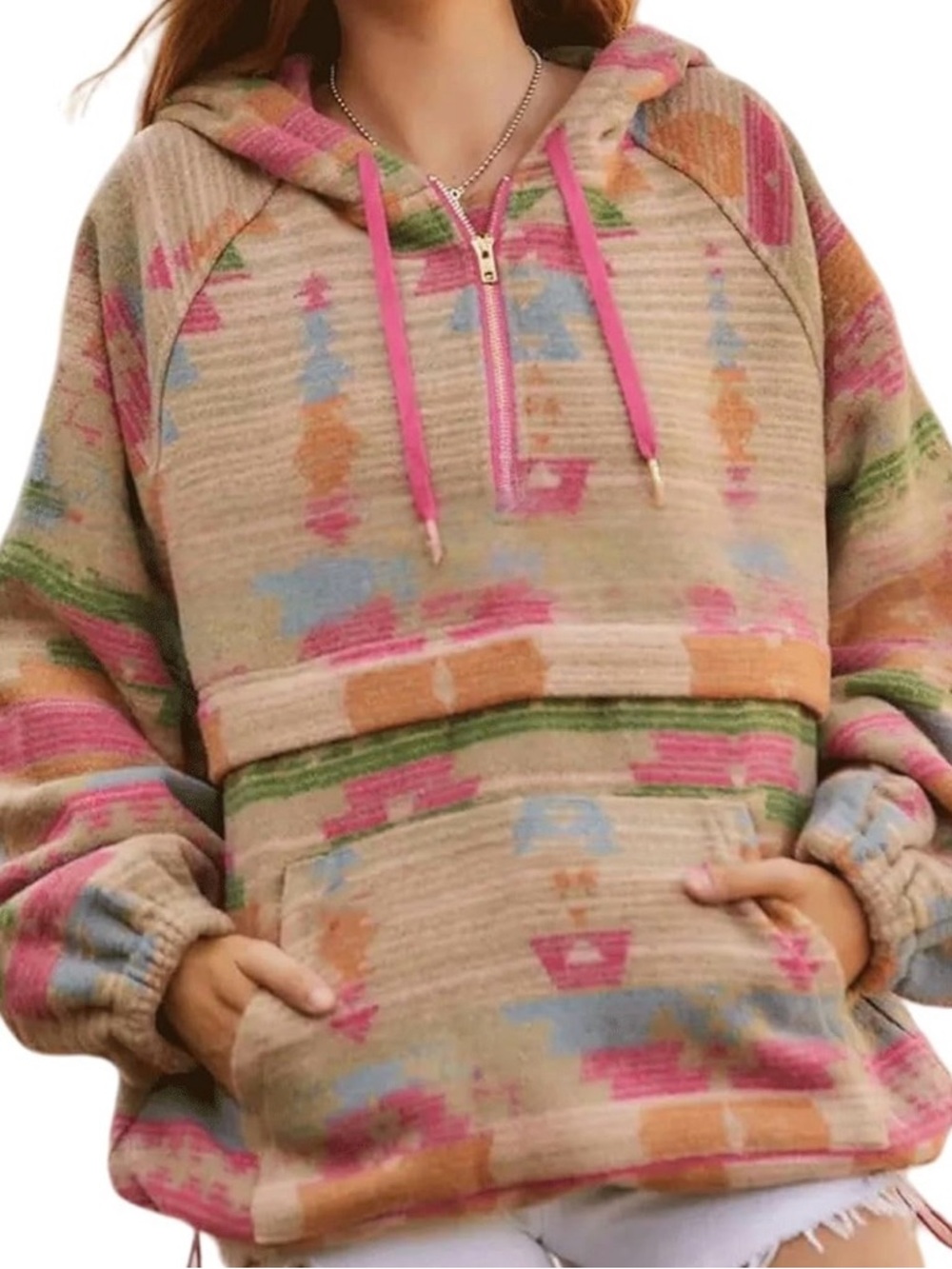Veveret Western Beige Aztec Hoodie Sweater with Pink Accents